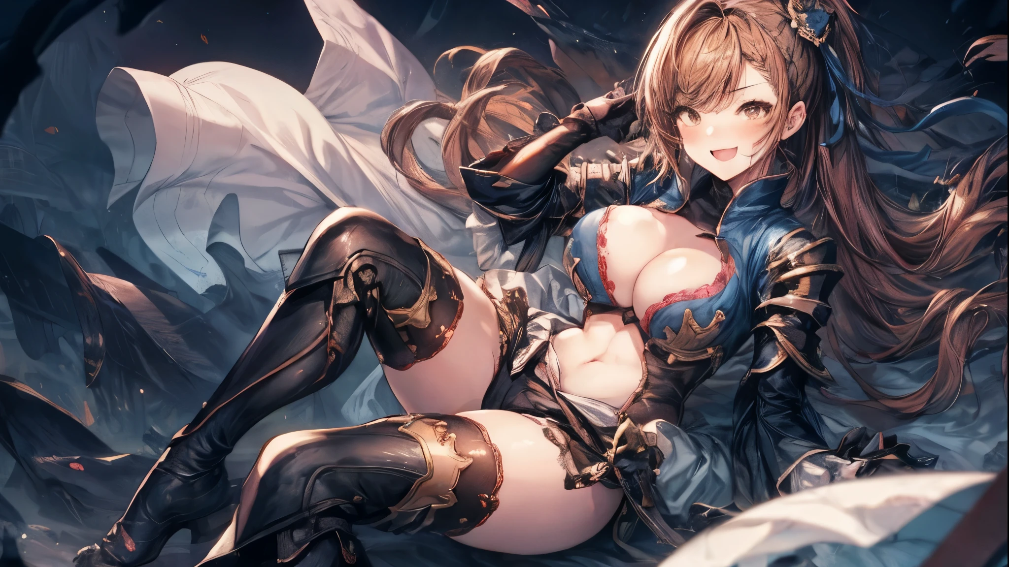 masterpiece, best quality, 1teen_girl,def,beatrix, ponytail, hair ribbon, gauntlets, blue shirt, gloves, cleavage cutout, looking at viewer, big_smile, large breasts, sky_landscape_background ,,happy,covered_nipples,young_,full_of_beans,,laugh,blush,open_mouth,thigh-highs, glower,open_legs,rise_knee,(angry:0.8)