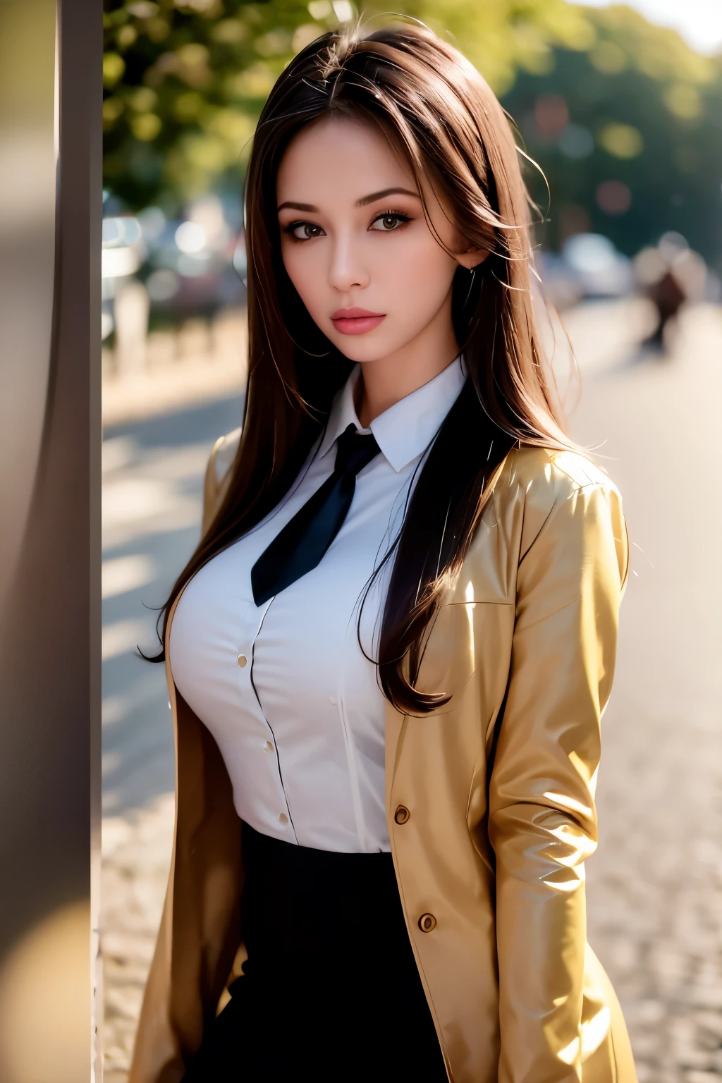 1girl, intricate detail, masterpiece, best quality, extremly detailed,cinematic lighting, beautiful detailed glow, finely detailed beautiful face and eyes, 8k, dark intense shadows, yellow eyes, medium hair, dark hair, bangs, floating hair, black jacket, open jacket, white shirt, expressionless, yellow necktie, black skirt, spotlight, sunshine, sunrise, gradient sky, city, lens flare, cowboy shot, [[curvy]], [mature female], portrait sophie mudd, thick neck, 19 year old female model, Mary R., latina, 22 years old, 21 years old, profile image, italian, italian latina