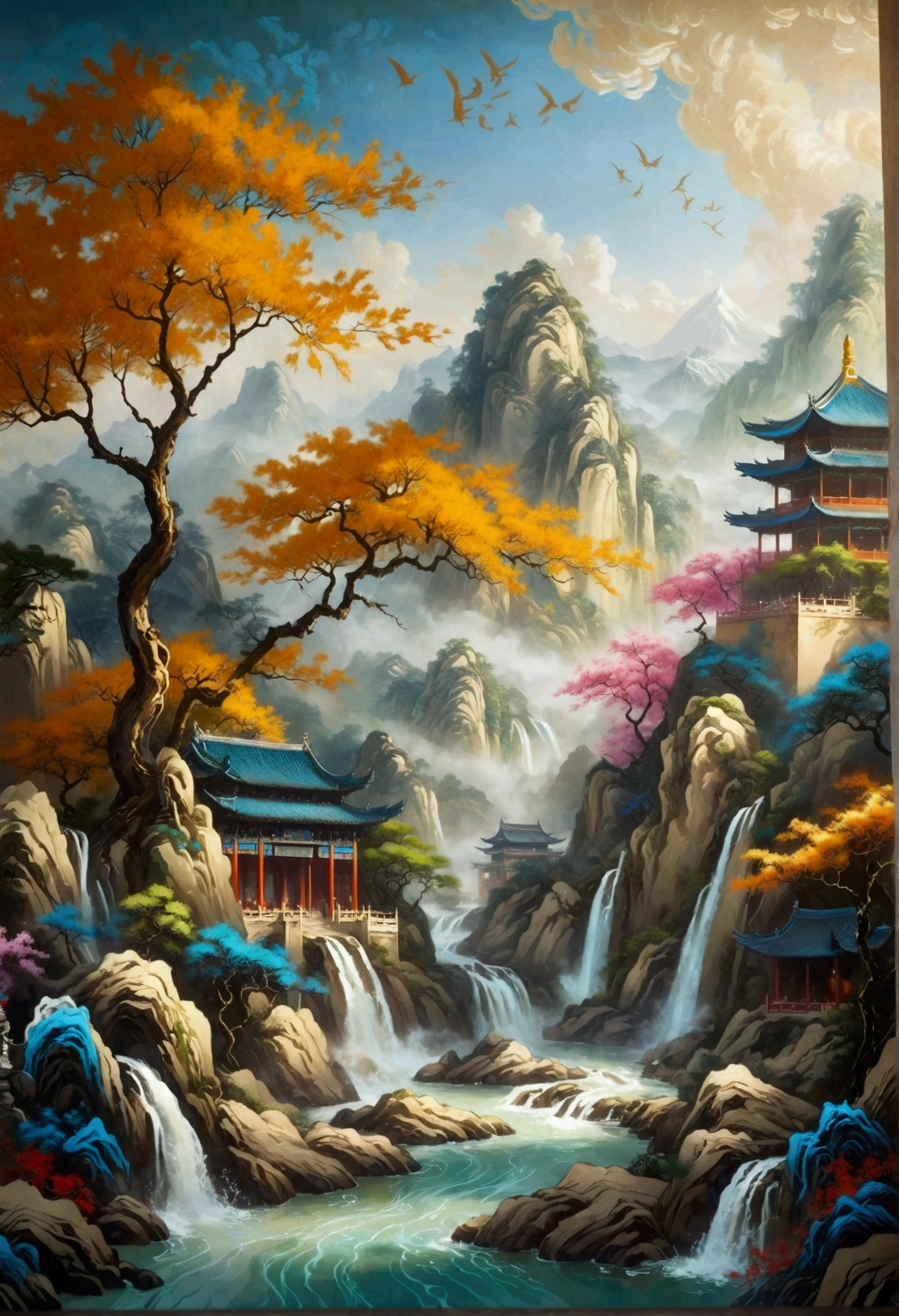 Chinese landscape painting, Jade material, Blue, greenand white color, gold line hook, white backgroundbright colors, natural lighting, best quality, Awardwinning work, blender, (8k,Bright colors,Bright,Ultra high saturation,rgb, Colorful),(High contrast:1.5),(whole body:1.8), magazine photography,Popular on social platforms,((Dopamineism)),(((Dopamine color matching))),Dopamine,(in the style of Y2K),Luo Erchun,Three-dimensional ancient style,Oriental poetry and painting