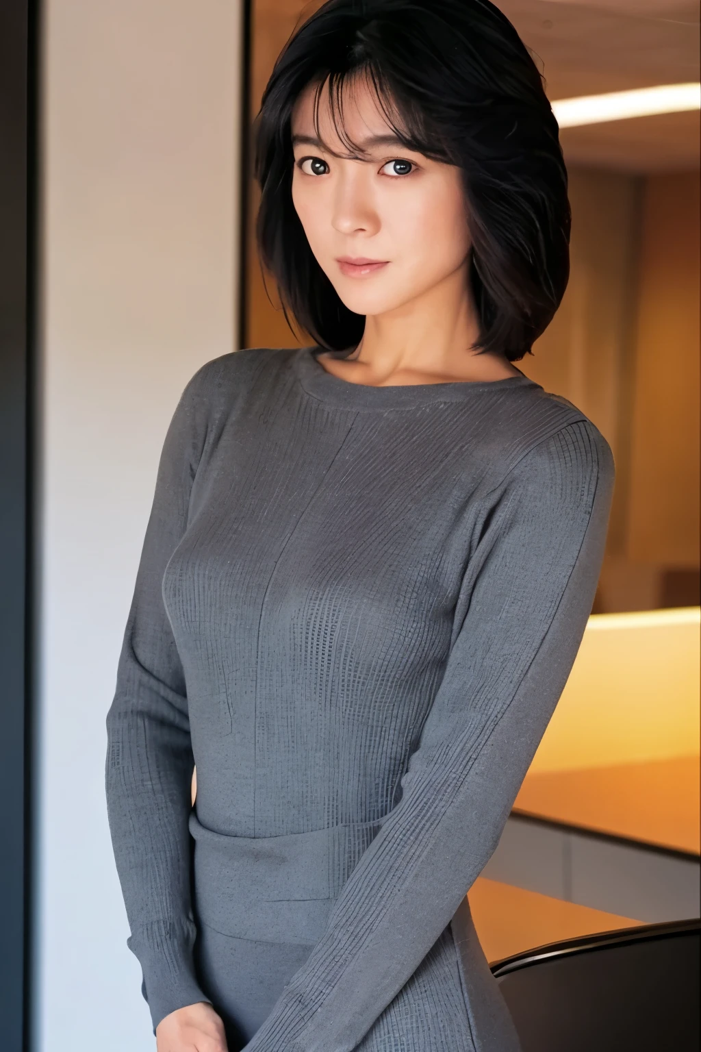 A Japanese woman, 35 years old, slender figure, small breasts, very thin waist, Beautiful face, beautidful eyes, black hair, wearing a tight and short gray knit dress with a back-open design, stand facing to an office wall, gently looking at you, 1girl in, Solo, Detailed face and eyes, detailed fingers and arms, anatomically correct body. Full body photo. Realistic, Photorealistic.