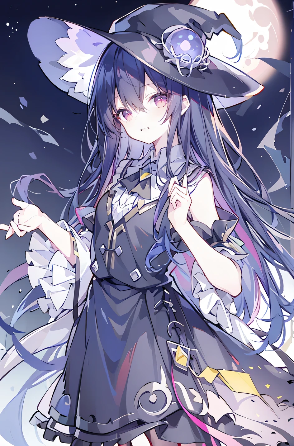 oung Girls,Humanity,A magician always smiles,big witch hat,cute,dark blue long hair,The eyes are dull,The bangs are heavy,Thin eyebrows,fantasy,intake,Double teeth,Star Theme,Constellation pattern,Solid color clothetal decoration,cloak,A bit of a dark atmosphere,A little crazy smile,When the big moon shines outside at night,blood,Hair black star embellishment,Short tie,No nails,High waist skirt,Bell sleeves,Long-sleeved shirt,Black tie,low risk,gentlemen。Mist、Yellow and white effect,Shocking pink as an accent color