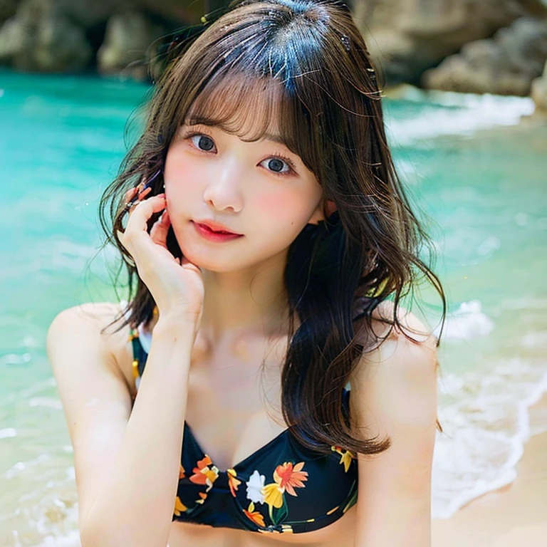 (Highest quality, masterpiece, Ultra-high resolution, (Realistic:1.4), RAW Photos, Depth of written boundary, Professional Lighting, Perfect Anatomy, Very detailed), At the beach in summer, Very beautiful sunny sky, (The most famous Japanese idols, Fun at sea), (((Very cute face like the most popular Japanese idol, ((very cute、And very big black eyes)), Very beautiful hair, Very beautiful skin, Very beautiful body))), Each one wearing a different style of colorful bikini, Detailed ocean, detailed splash, Summer beach details