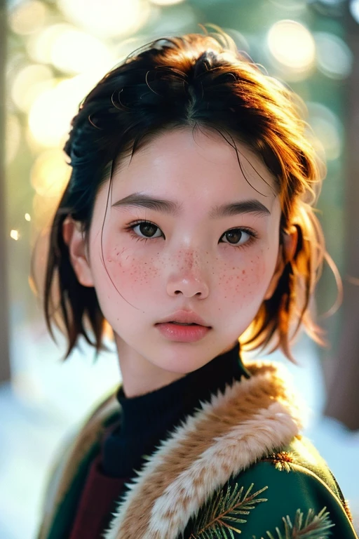 a beautiful japanese college girl with some freckles on her face inspired by hamada hideyaki shot by contax g1 with portra 800 film roll, ((short hair)), ((snowy pine forest)),winter,scenery:1.25,((intricate scenery)),((snow forest background)),