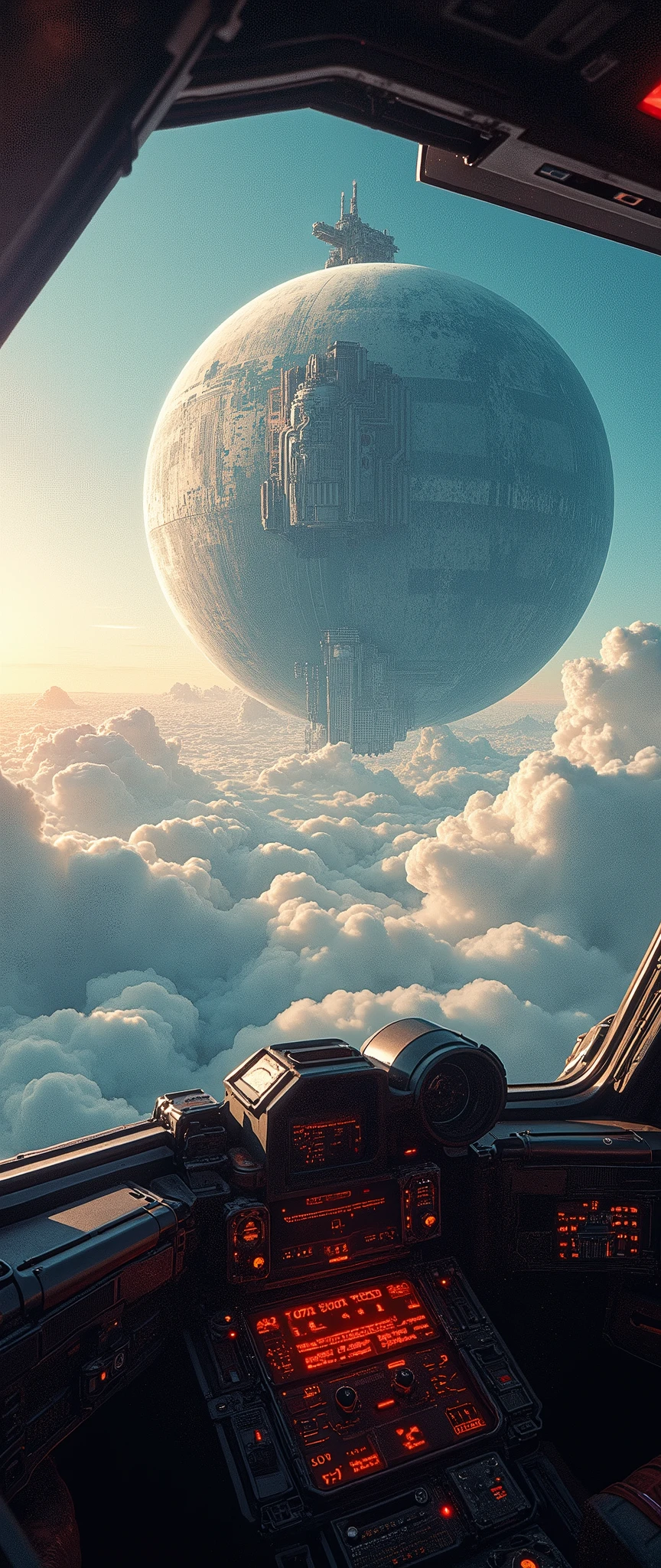 (masterpiece:1.2,Distinguished Quality,Mirror-like,Cinematic Experience),8k,wallpaper,The view from the spaceship's cockpit,(A massive planet-shaped space fortress is visible in front of me.:2.0),(Intense Combat:2.0),universe space,Magnificent landscape painting,(Drawing of the spaceship cockpit:2.0),dynamic