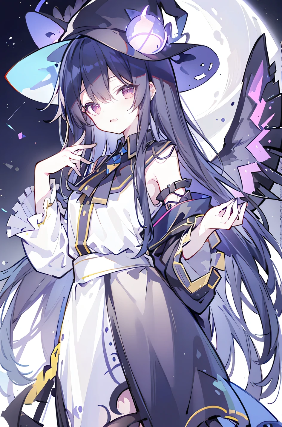 oung Girls,Humanity,A magician always smiles,big witch hat,cute,dark blue long hair,The eyes are dull,The bangs are heavy,Thin eyebrows,fantasy,intake,Double teeth,Star Theme,Constellation pattern,Solid color clothetal decoration,cloak,A bit of a dark atmosphere,A little crazy smile,When the big moon shines outside at night,blood,Hair black star embellishment,Short tie,No nails,High waist skirt,Bell sleeves,Long-sleeved shirt,Black tie,low risk,gentlemen。Mist、Yellow and white effect，Shocking pink as an accent color