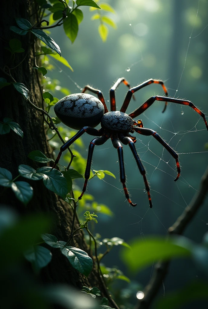 The vine wraps around the mother spider's legs.