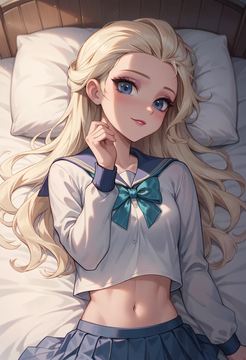 Elsa, A cute blonde girl, teen girl, long hair, graceful, stylish, innocent, beautiful, slim,
School uniform,
Bedroom, laying on bed, Overhead shot
beautiful face, cute face, slim body,
Studio lighting, DSLR Quality Photo,