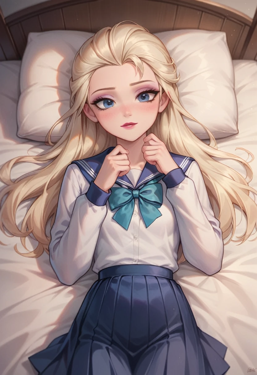 Elsa, A cute blonde girl, , long hair, graceful, stylish, innocent, beautiful, slim,
School uniform,
Bedroom, laying on bed, Overhead shot
beautiful face, cute face, slim body,
Studio lighting, DSLR Quality Photo,
