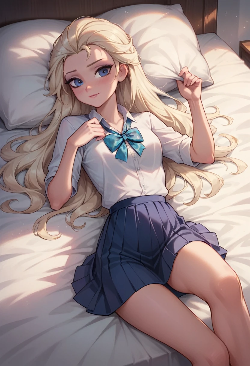 Elsa, A cute blonde girl, , long hair, graceful, stylish, innocent, beautiful, slim,
School uniform,
Bedroom, laying on bed, Overhead shot
beautiful face, cute face, slim body,
Studio lighting, DSLR Quality Photo,
