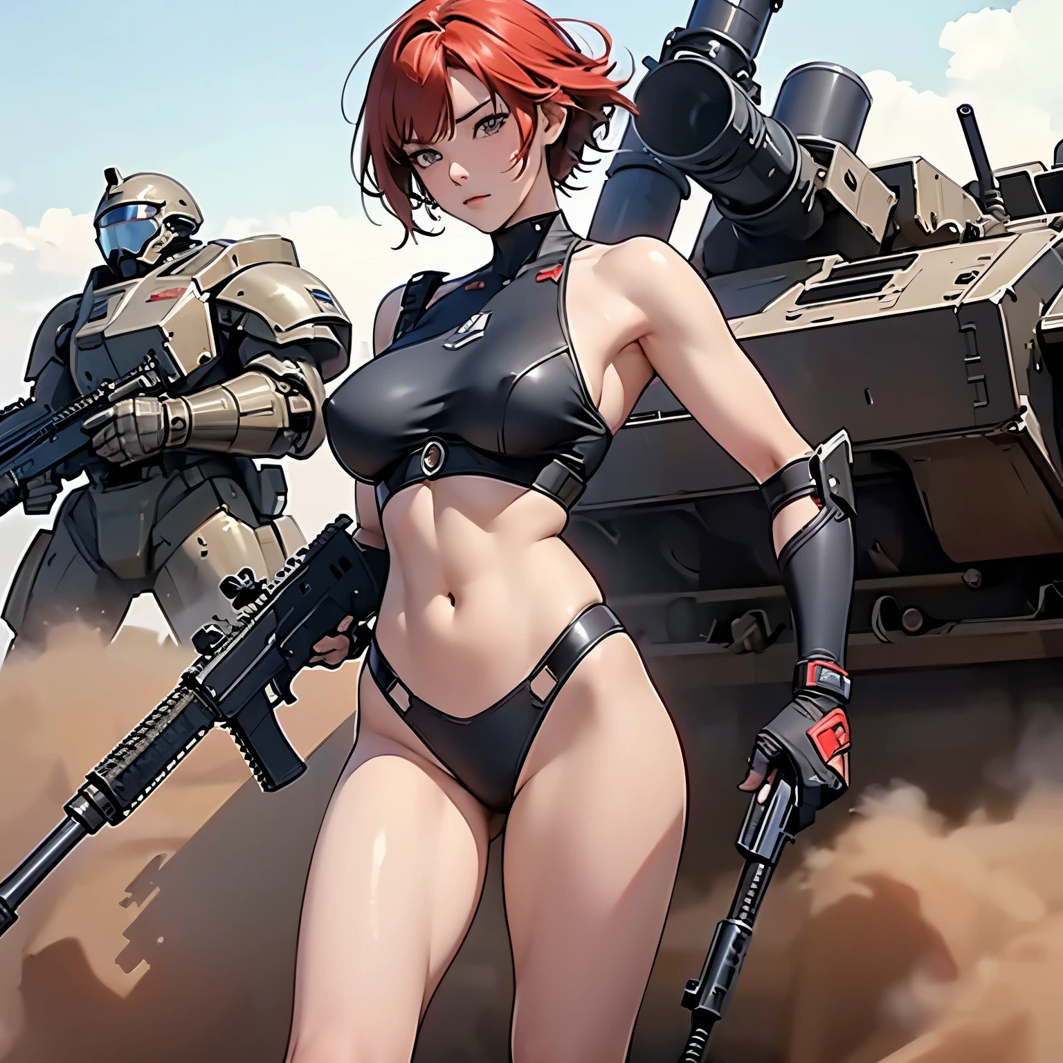 nsfw, anime screencap, 16K, perfect anatomy proportion body, perfect hands, action, A dynamic composition with a sense of speed and movement, (Hold an assault rifle:1.6), a wife, 40age, perfect beautiful delicate sexy face, perfect beautiful delicate slanted eyes, red hair, swept bangs pixie cut, medium breasts, abs, Steel steam engine heavy armored full armor powered suit, Many heavily armored robot soldiers are engaged in a firefight in the background., Flying bullets, Desert Battlefield, war, Post-apocalyptic,