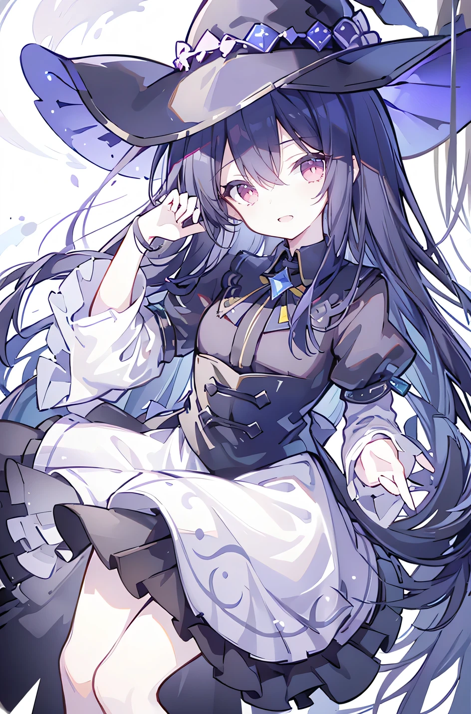 oung Girls,Humanity,A magician always smiles,big witch hat,cute,dark blue long hair,The eyes are dull,The bangs are heavy,Thin eyebrows,fantasy,intake,Double teeth,Star Theme,Constellation pattern,Solid color clothetal decoration,cloak,A bit of a dark atmosphere,A little crazy smile,When the big moon shines outside at night,blood,Hair black star embellishment,Short tie,No nails,High waist skirt,Bell sleeves,Long-sleeved shirt,Black tie,low risk,gentlemen。Mist、Yellow and white effect,Shocking pink as an accent color
