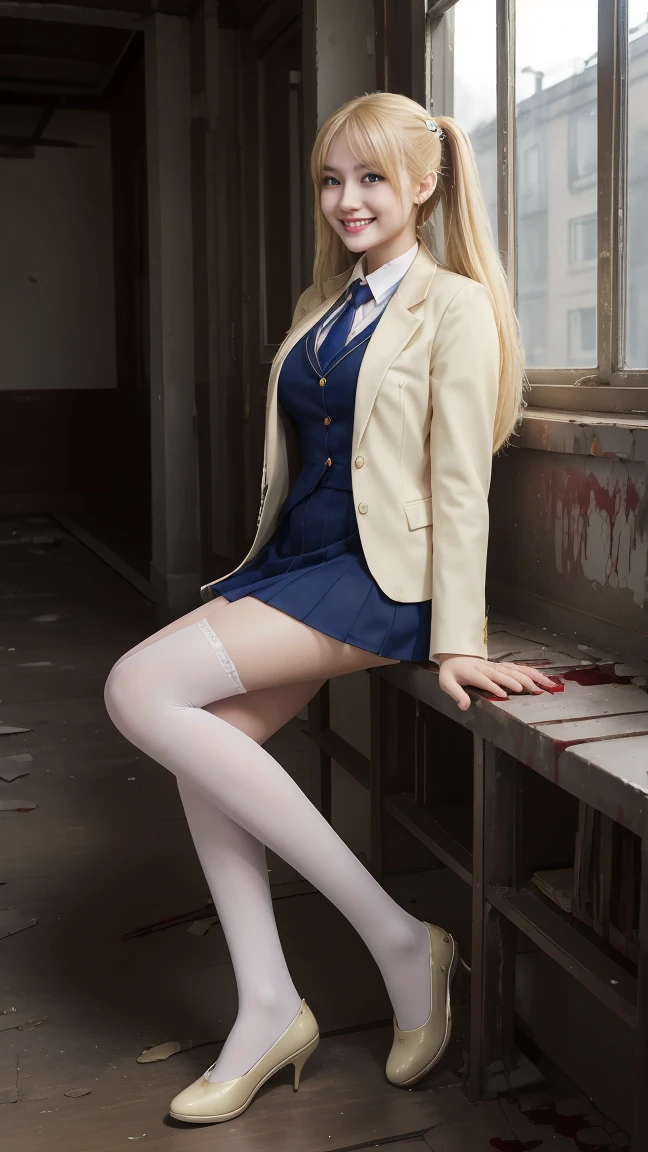 (HigheSt quality,4K,High reSolution,maSterpiece:1.2),Very detailed,RealiStic:1.37,Very beautiful girl,Very cute blazer uniform,Wearing white StockingS,blondes,blondes Hair,Long twin tailS,Watching the audience,high School、Dilapidated School building、I&#39;m in the claSSroom、InSide a dilapidated claSSroom、Very dirty claSSroom、,Red color Scheme,OminouS atmoSphere,Eye-catching,Storytelling,anatomy,Anime Style,Concept Art,Beautiful detailed face and (((Red eyeS ))),A terrifying ritual ,Satanic Ritual,Premature death,inappropriate behavior,Crazy smile,Scythe Face,beautiful girl、Girl Monster, beautiful, Delicate facial featureS,  Sharp fangs, Pale Skin, Gloomy atmoSphere, one person&#39;S, PleaSe open your mouth wide, Open your mouth and baring your teeth,Sharp teeth like a beaSt, Wide lipS, very wide mouth, Vermilion cheekS, ,(Blood Splatter:1.2),Scary Smile, Smile,High School DeSign, TwiSted Smile、Bleeding from the head,、Blood Splatter、,(Bleeding:1.2), ((流れるようなblondes)), Female curveS, Perfect handS, Perfect anime face, (A long-Sleeved, very cute Sailor uniform)), Are Standing, ((Evil smile)), ,(Blood Splatter:1.4), Steam circulateS, ,Anime School deSign, TwiSted Smile、Bloody、 A dilapidated high School、Abandoned houSe、,absurdes, High reSolution、Spooky Girl、(Crazy smile:1.8)、(Blood dripping from handS:1.3)、 anime-Style characterS aS the main characterS、Shocking pink lipStick
