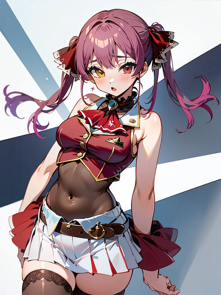 ((Highest quality)), ((masterpiece)), (detailed), One person, sexy, bbmarine, twintails, heterochromia, red ascot, bare shoulders, red shirt, bare arms, sleeveless, see-through, (leotard under clothes:1.2), covered navel, belt, pleated skirt, red skirt, black thighhighs