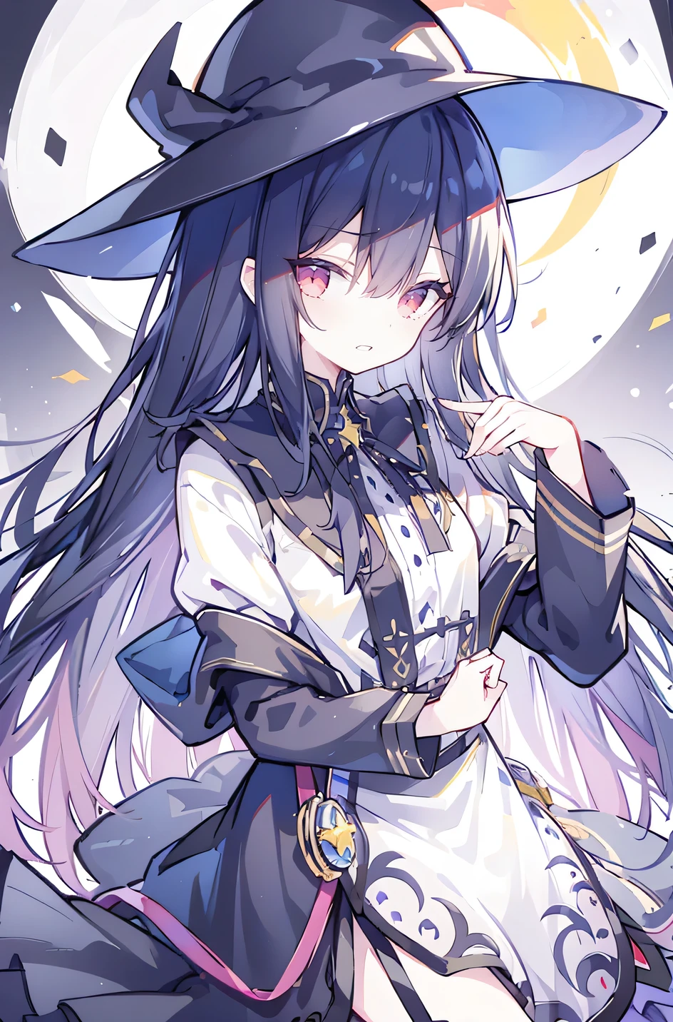 oung Girls,Humanity,A magician always smiles,big witch hat,cute,dark blue long hair,The eyes are dull,The bangs are heavy,Thin eyebrows,fantasy,intake,Double teeth,Star Theme,Constellation pattern,Solid color clothetal decoration,cloak,A bit of a dark atmosphere,A little crazy smile,When the big moon shines outside at night,blood,Hair black star embellishment,Short tie,No nails,High waist skirt,Bell sleeves,Long-sleeved shirt,Black tie,low risk,gentlemen。Mist、Yellow and white effect,Shocking pink as an accent color
