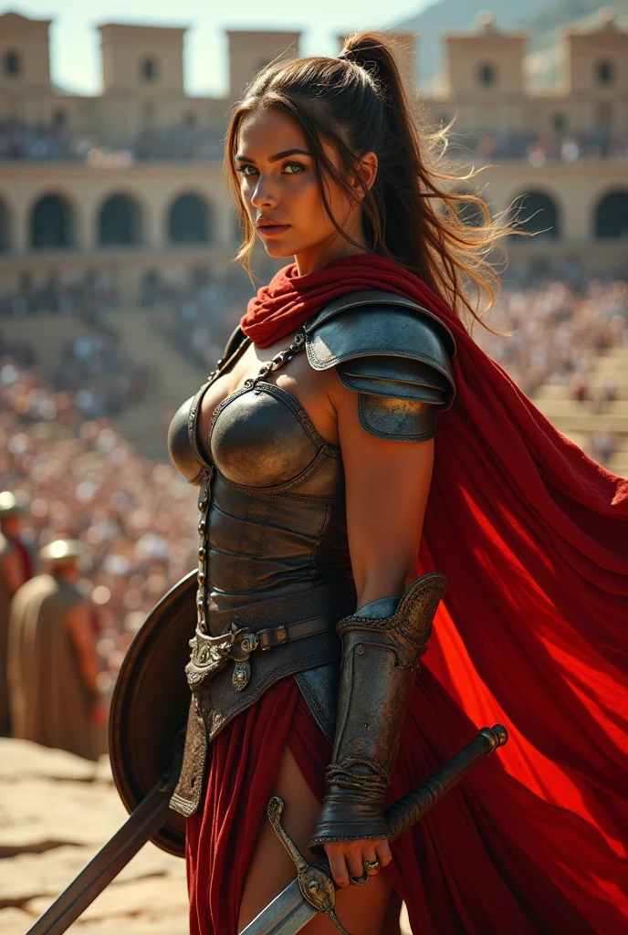 ((masterpiece, highest quality, Highest image quality, High resolution, photorealistic, Raw photo, 8K)), ((Extremely detailed CG unified 8k wallpaper)), (huge stunning goddess shot, very hot and sexy, jaw-dropping beauty, perfect proportions, beautiful body, large natural tits, cleavage, slim body beauty:1.4), arafed woman in armor holding a sword and shield, portrait of a barbarian female, north female warrior, a very beautiful berserker woman, north adult female warrior, female barbarian, female warrior, portrait of a barbarian woman, barbarian warrior woman, very beautiful female barbarian, large natural breasts, ample cleavage, barbarian class, hair in a pony tail, warrior woman, portrait of a woman warrior, rpg portrait concept art, (beautiful warrior, holding short sword and small shield, Wearing a red scarf, leather armor), (brown hair, blue eyes, dark skin), (amphitheatre, Fighting while being watched by the crowd, motion blur), movie poster
