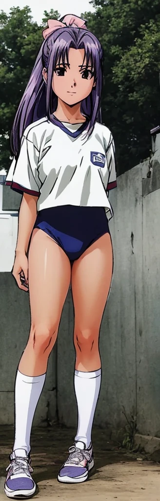 Momo Koigakubo with beautiful legs is standing on the athletic field wearing a white gym uniform and bloomers that look like bright navy blue panties.。