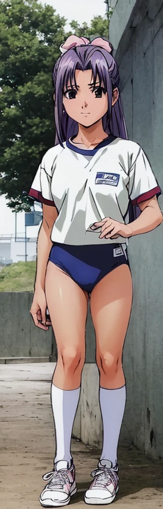 Momoko Koigakubo, a tall girl with beautiful legs, is standing from behind in a white gym uniform and light navy blue bloomers that look like panties.。