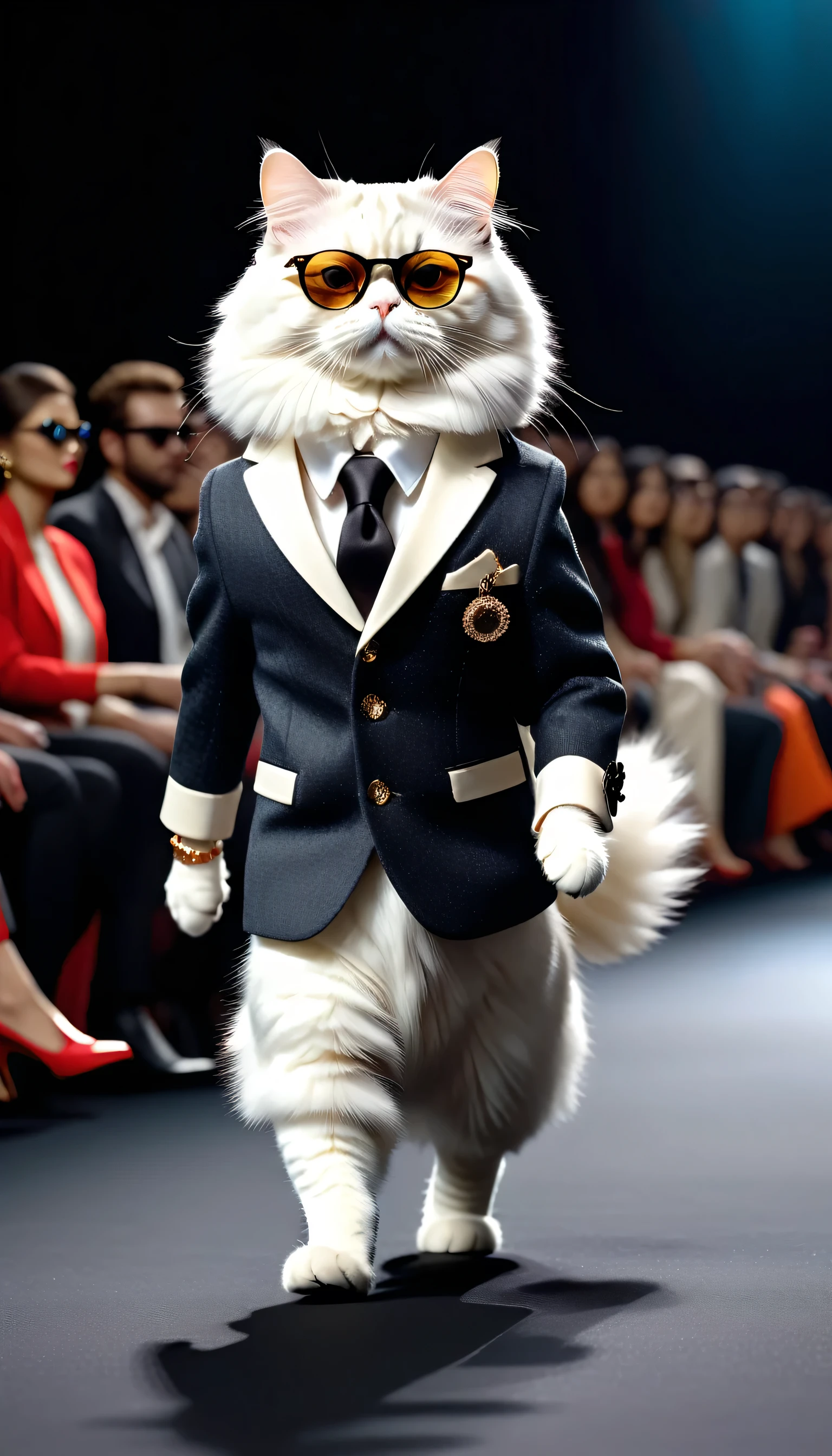 best image quality, cat in the posture of a human walking, walking on the ramp in a fashion show with the audience in the background, a white Siberian cat in a stylish clothes style, black glasses, walking, wearing a luxury watch in hand. dark background. Cinematic quality, Still from the film. Hyper-realistic. Bright colors in nature.