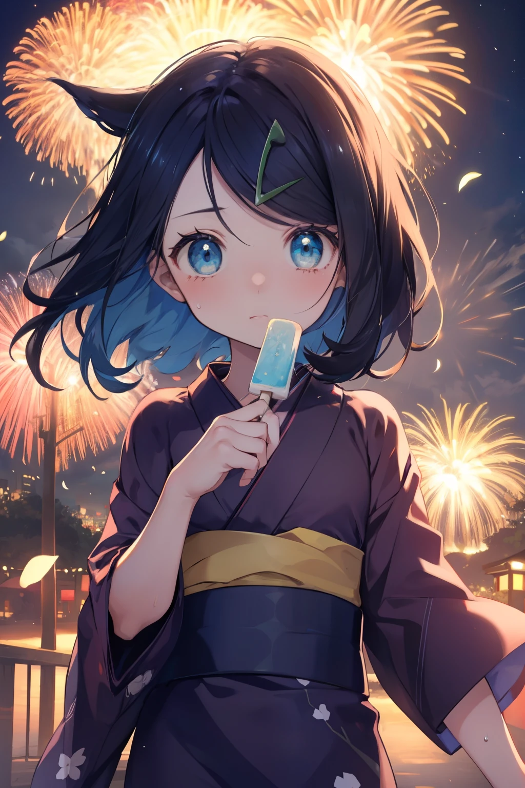 (masterpiece, Highest quality, 8K ultra-high resolution:1.4), Pokemon Riko, (yukata, night: 1.4), Beautiful Eyes, Close-up of face, I'll give you an ice pop., Written boundary depth, Dramatic portrayal, (Fireworks), Focus of the film, , Emotional composition, Emotional engine full throttle BREAK Young and cute, Slender body, Flat Chest, Highly detailed glossy skin,Sweat, 完璧なPokemon Riko
, Wind, detailed in the Wind, petals dancing in the Wind
BREAK
ultra detailed crystal eyes, Eyes like shining jewels
