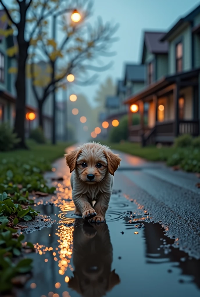 A baby dog searches for its mother in the rain.