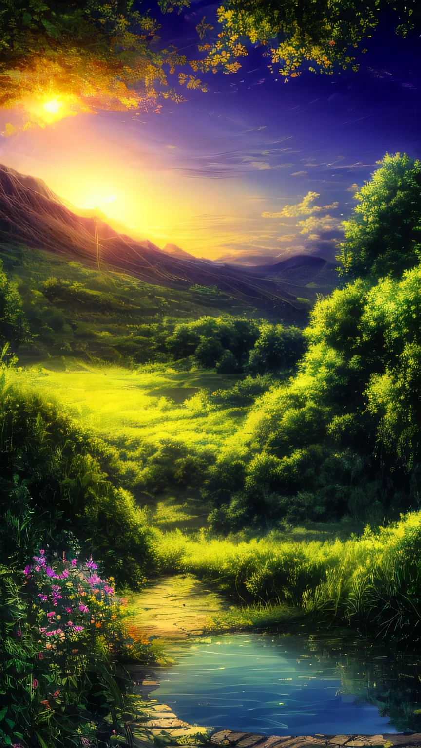 imagine a lone cottage between green mountains far away with a beautiful path towards the cottage, covered with fence a small pond beautiful flowers warm and positive lights sunset time clouds highly detailed