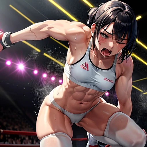 two bloody beautiful Japanese female heavyweight fighters are fighting in the octagon fighting ring of underground arena with audience. a fighter is attacking anoter one by body blow. survival battle. whole body picture. they are covered in scars and bruises. they are damaged terribry. Short-cut black hair, out of breath, drooling from mouth, one eye is closed, exhausted, drenched in sweat. Erect nipples. open finger glove. Ragged white and pink lined sports bra, high leg panty, Stockings. armwarmers. small breasts, armwarmers. Whittled waistline, muscular, six-pack abs, very thick arms and thighs, super huge tits.
