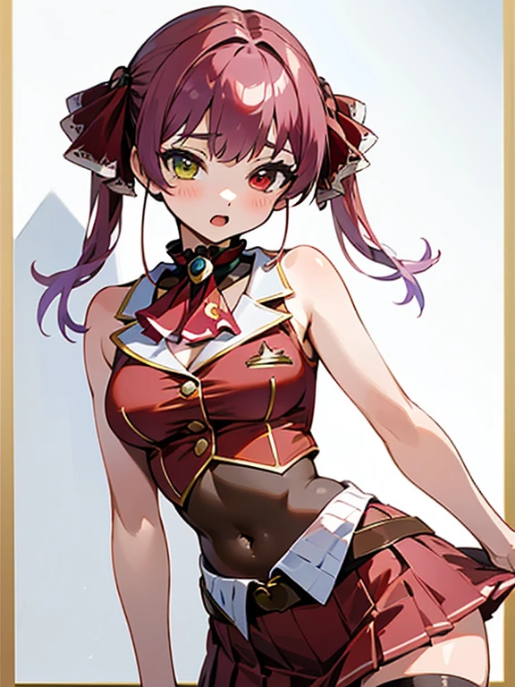 ((Highest quality)), ((masterpiece)), (detailed), One person, sexy, bbmarine, twintails, heterochromia, red ascot, bare shoulders, red shirt, bare arms, sleeveless, see-through, (leotard under clothes:1.2), covered navel, belt, pleated skirt, red skirt, black thighhighs