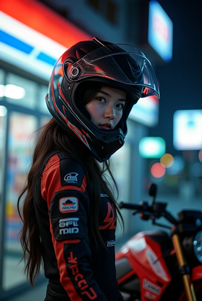 very beautiful Japanese high school girl, about to Ride on a off-road motorcycle, at convenience store at night, dramatic scene, masterpiece, (upper body:1.3), clear helmet visor, beautiful eyes, Shoei helmet, (wearing off-road rider's outfits)