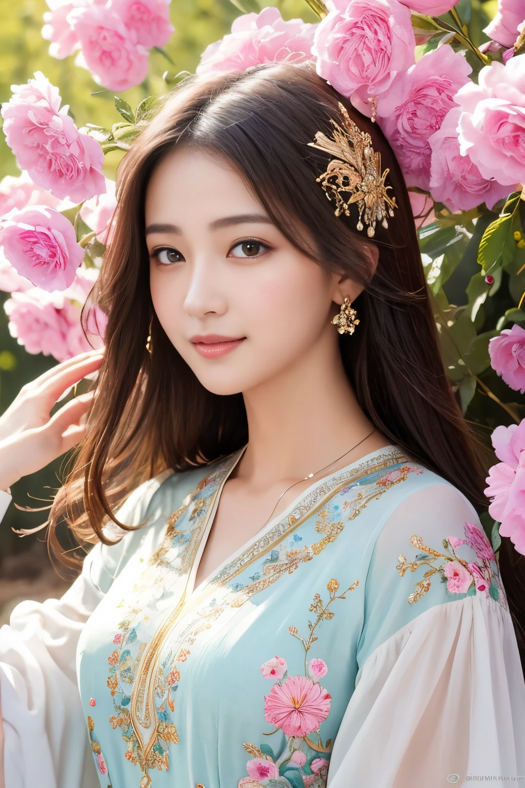 masterpiece、top quality、top quality、official art、beautiful beautiful ,1 girl 、very detailed、fractal art 、colorful、The most detailed, Pose with movement 、Details Beautiful and gentle face、Beautiful details and gentle eyes、extremely fine grained transparency, symmetrical eyes , natural smile ,floral outfit around her .