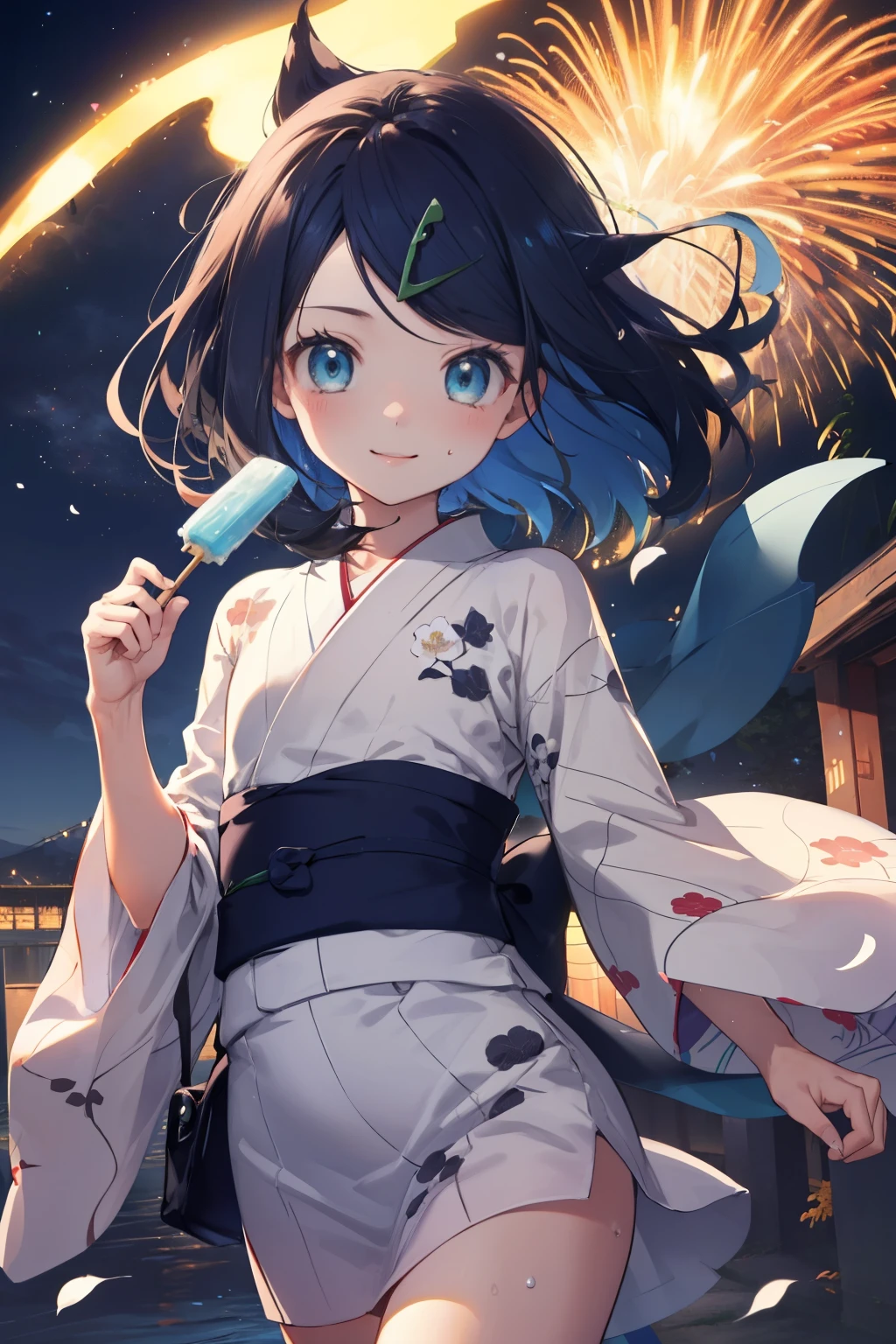 (masterpiece, Highest quality, 8K ultra-high resolution:1.4), Pokemon Riko, (yukata, night: 1.4), Beautiful Eyes, ((Close-up of face)), (The best smile:1.4), I'll give you an ice pop., Written boundary depth, Dramatic portrayal, (Fireworks), Focus of the film, , Emotional composition, Emotional engine full throttle BREAK Young and cute, Slender body, Flat Chest, Highly detailed glossy skin,Sweat,  完璧なPokemon Riko
, Wind, detailed in the Wind, petals dancing in the Wind
BREAK
ultra detailed crystal eyes, Eyes like shining jewels