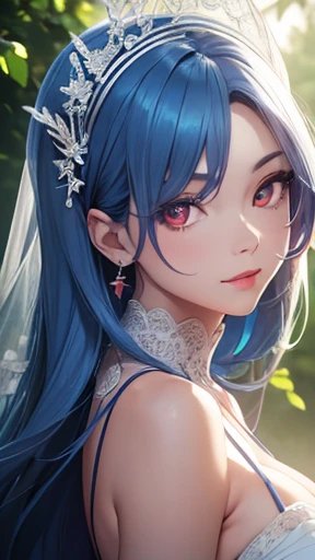 Game CG, Upper Body, Face Focus, close, One person, Blue Hair, White Dress, Red eyes, Circlet, Orange lipstick, (Put your finger to your mouth), (Close one eye), Cleavage, smile, Happy, depth, depth of field, Outdoor, nature, petal, Wind, masterpiece, high quality, 最high quality, beautiful, High resolution, Perfect lighting, Detailed face, Detailed body, masterpiece, 最high quality, Intricate details, 8k uHigh resolution, Perfect Face, Perfect Eyes