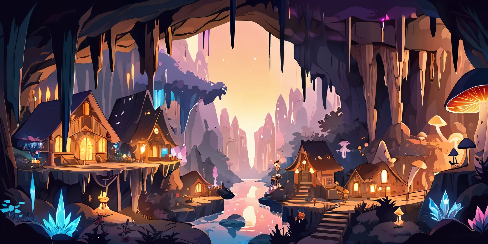 Dessinez un poster d'un village, dans le style lofi, magical decoration, cascade of light, cave, stalagmites, Stalactites, mushroom, crystals, la nuit, beautiful taupe color palette, couleurs saturées vibrantes, Artwork, aucun humain, dark brown theme