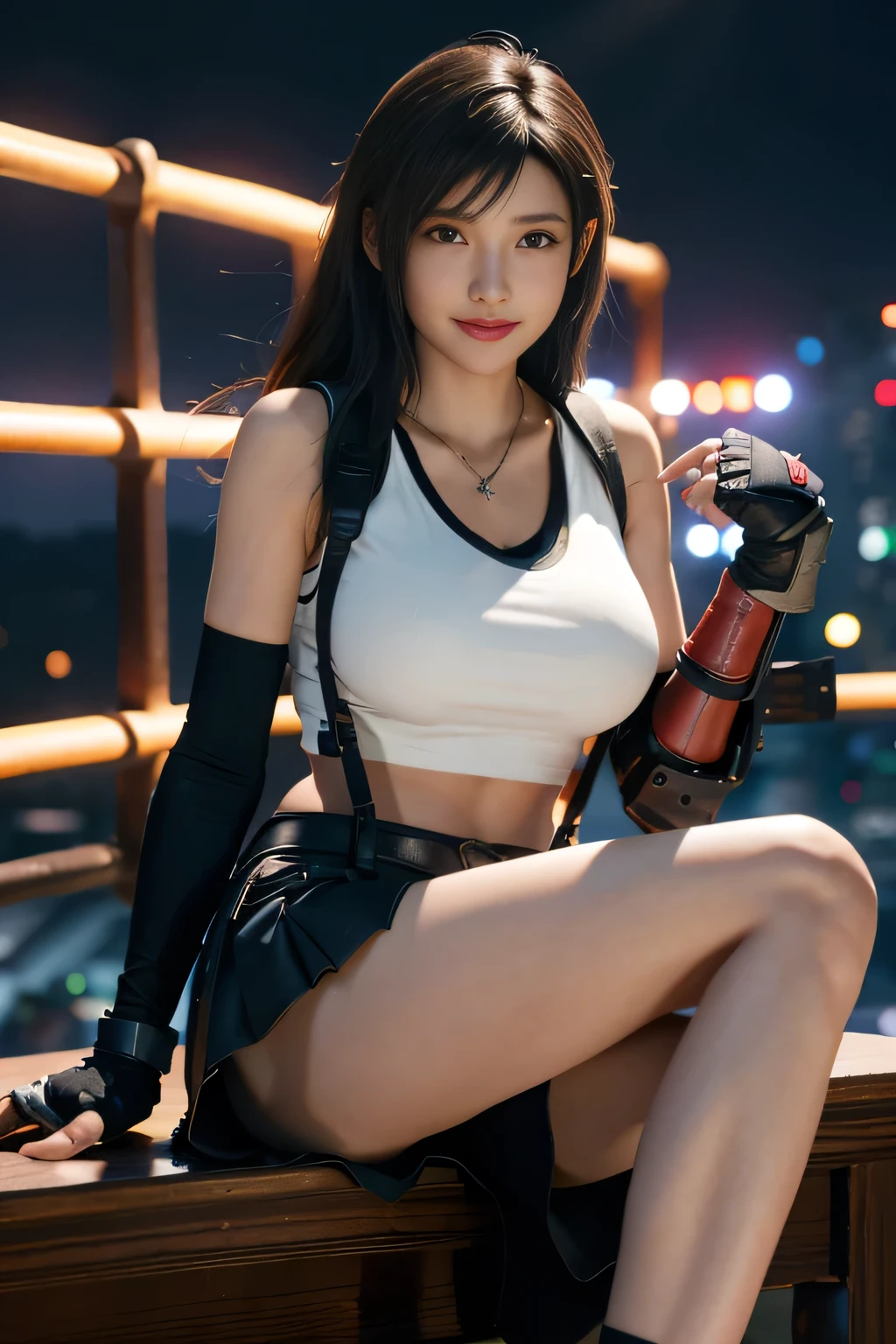 (8K, best quality, masterpiece:1.2), (actual, photo-actual), Super detailed, 1 girl,Lovely, alone, (Tifa Lockhart), (huge breasts), (Smile:1.2), (Keep your mouth shut), posture, 摆posture, neon lights, city View, depth of field, depth of field, good composition, Final Fantasy VII, ankle boots, black hair, black Raise your legs high, Red boots, Elbow gloves, Elbow pads, fingerless gloves, tight shirt, Good at sports, (Suspenders attached to skirt), Raise your legs high, (white vest), whole body, Very long hair, ((Red_Eye)), flower, (night), Bokeh, movie lighting, National Science Foundation, perfect breasts, sakimychan style，Huge bresats，，Smile，necklace