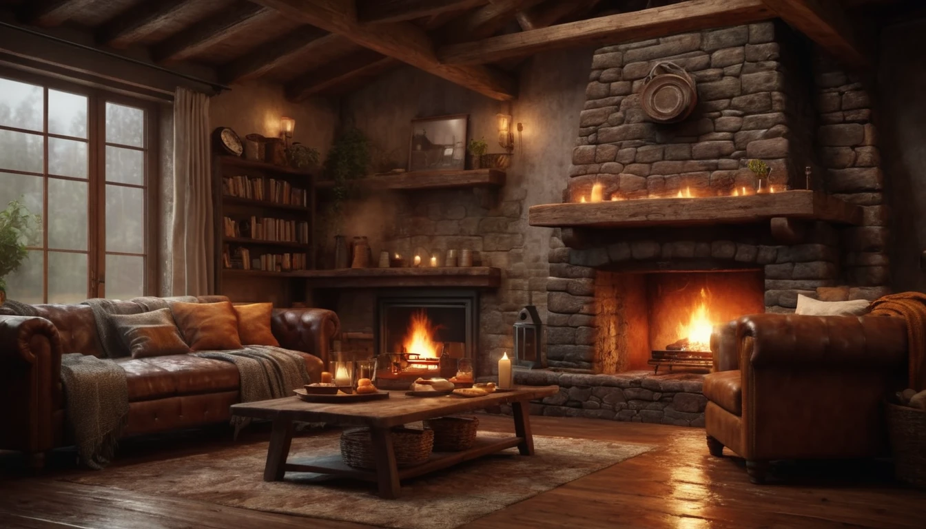 a rustic house with a fireplace and sofa, raining outside, steaming hot chocolate, detailed interior, photorealistic, cinematic lighting, moody atmosphere, warm colors, cozy, (best quality,4k,8k,highres,masterpiece:1.2),ultra-detailed,(realistic,photorealistic,photo-realistic:1.37) dark