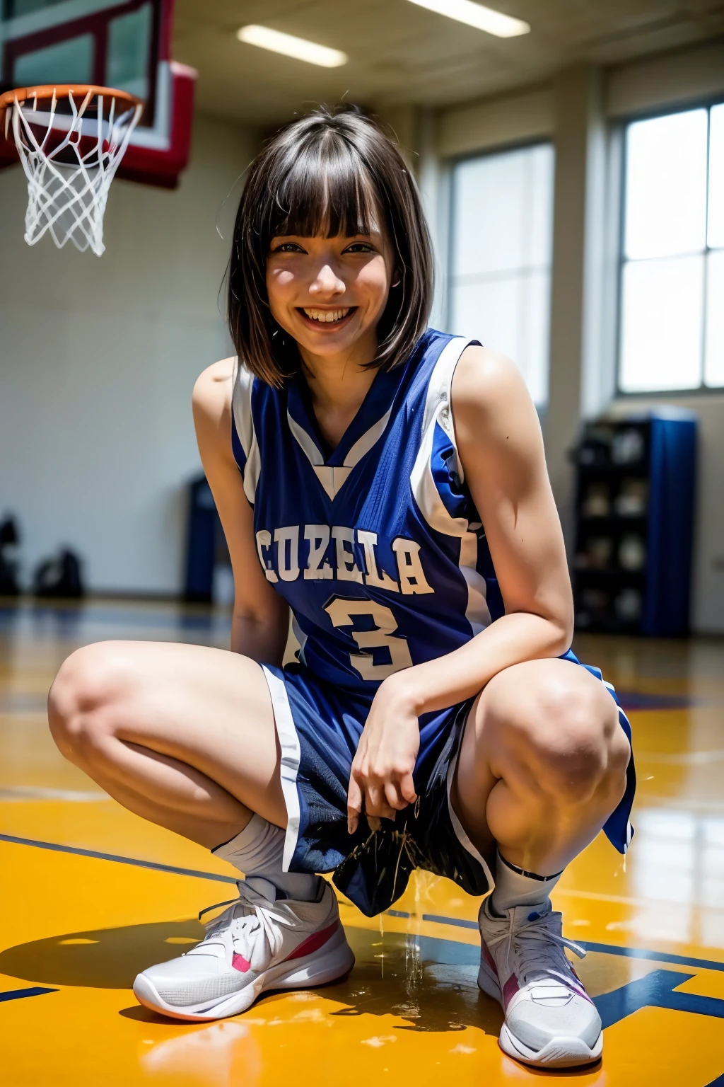 (realistic, photo-realistic:1.4), (masterpiece,best quality:1.2), RAW photo, high resolution, intricate details extremely detailed, realistic and sharp details, solo, 1girl, a 24 years old woman, seductive pose, (basketball player), (sleeveless basketball uniform:1.4), shoes, (short bob hair, blunt bangs:1.2), (detailed face, beautiful detailed eyes, sophisticated nose), pale skin, sweaty, shiny skin, cheerful grin, (squatting with spread legs apart:1.5), (peeing self, pee stain, urinate a lot, urination:1.5), (pee puddle), photo background, indoors, gymnasium,,,[Rei Ozono,Sakurazaka46]