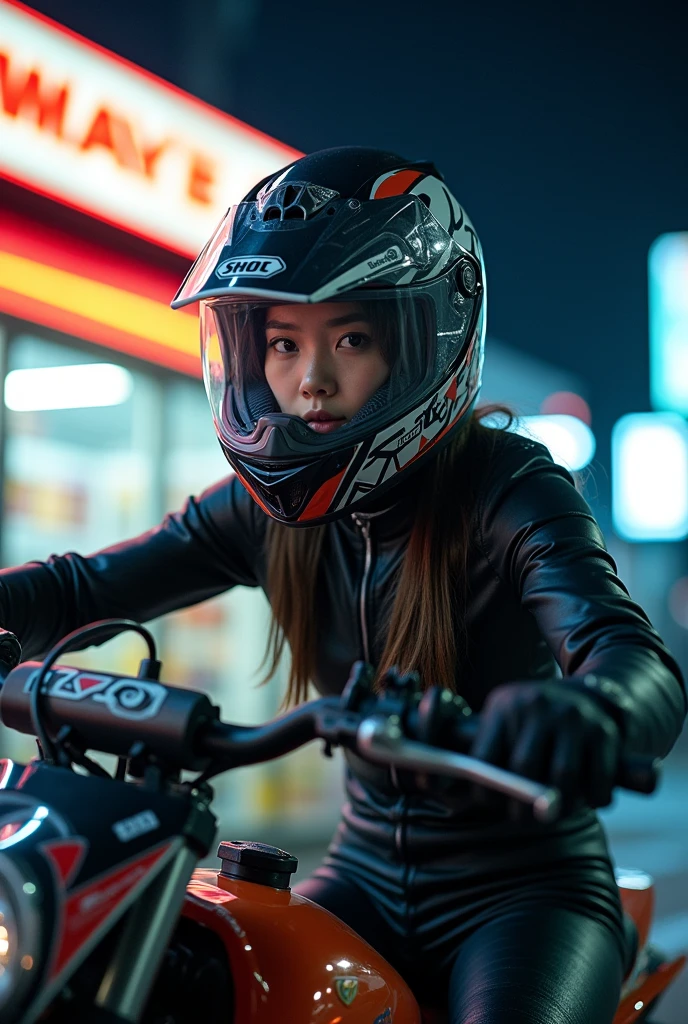 very beautiful Japanese high school girl, She came to the convenience store by off-road motorcycle at night, Shopping with a helmet on, dramatic scene, masterpiece, (upper body:1.3), clear helmet visor, beautiful eyes, Shoei helmet, (wearing off-road rider's outfits)