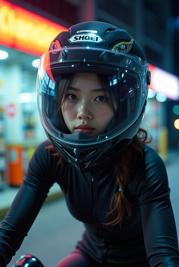 very beautiful Japanese high school girl, She came to the convenience store by off-road motorcycle at night, Shopping with a helmet on, dramatic scene, masterpiece, (upper body:1.3), clear helmet visor, beautiful eyes, Shoei helmet, (wearing off-road rider's outfits)