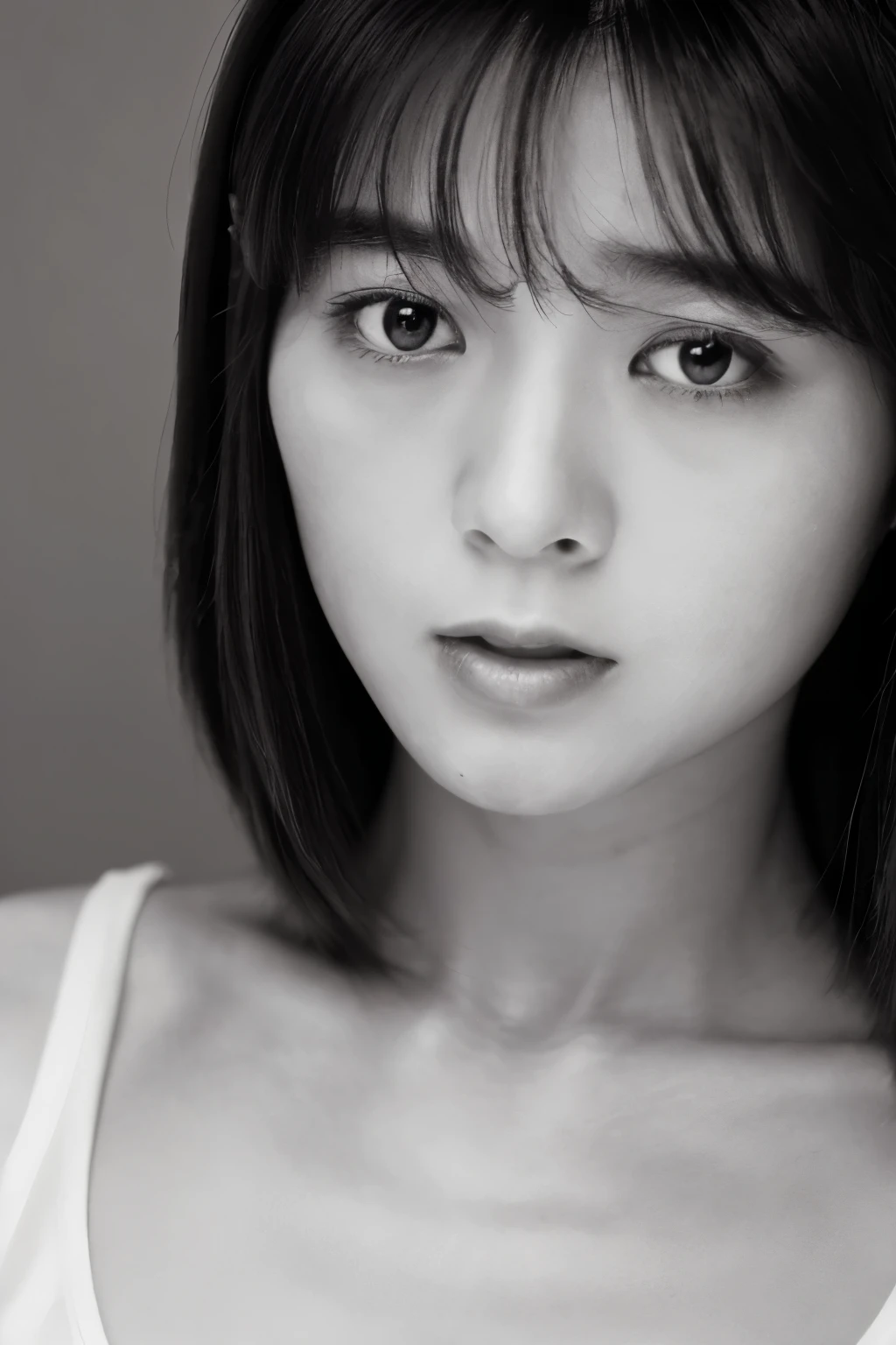 Masterpiece, Best Quality, Photorealsitic, Ultra-detailed, finely detail, high resolution, 8k wallpaper, Professional, high level of detail, ((monochrome photo)), 1girl in, Skinny Japanese woman, ((Facing the front)), ((Only lips are in Red)), Detailed clavicle, face perfect, straight hair, (look straight at a camera)