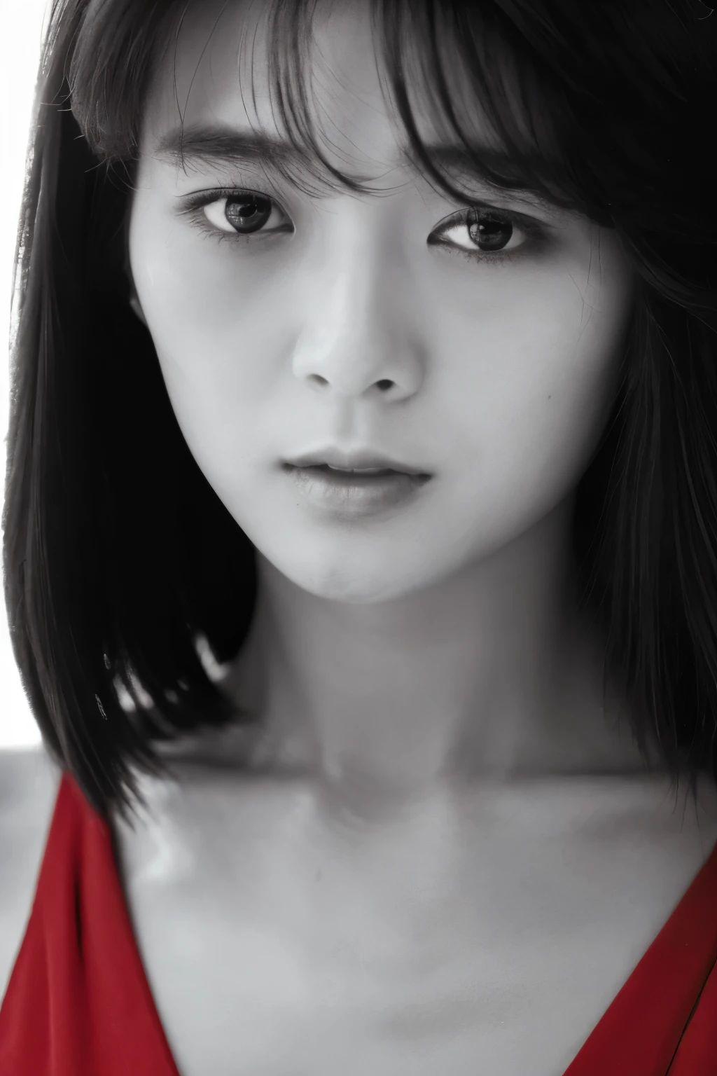 Masterpiece, Best Quality, Photorealsitic, Ultra-detailed, finely detail, high resolution, 8k wallpaper, Professional, high level of detail, ((monochrome photo)), 1girl in, Skinny Japanese woman, ((Facing the front)), ((Only lips are in Red)), Detailed clavicle, face perfect, straight hair, (look straight at a camera)