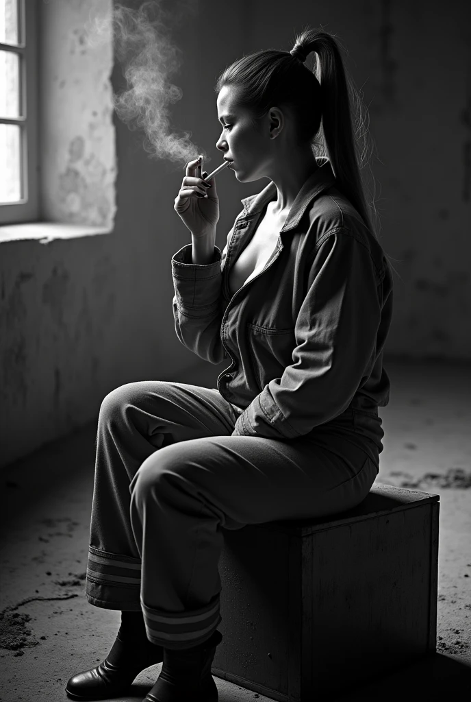 a 20 year old woman (ponytail hair), (wearing a dirty firefighter suit complete with shoes)), holding a lit cigarette, showing cleavage, her face is dirty, dark theme, no color, soft color, high contrast, (natural skin texture, hyperrealism, soft light, sharp). old, dusty warehouse background. ((Showing big thighs, curvy body)). Sitting on a worn out wooden box that has been burned. add dust and smoke particles, face on camera