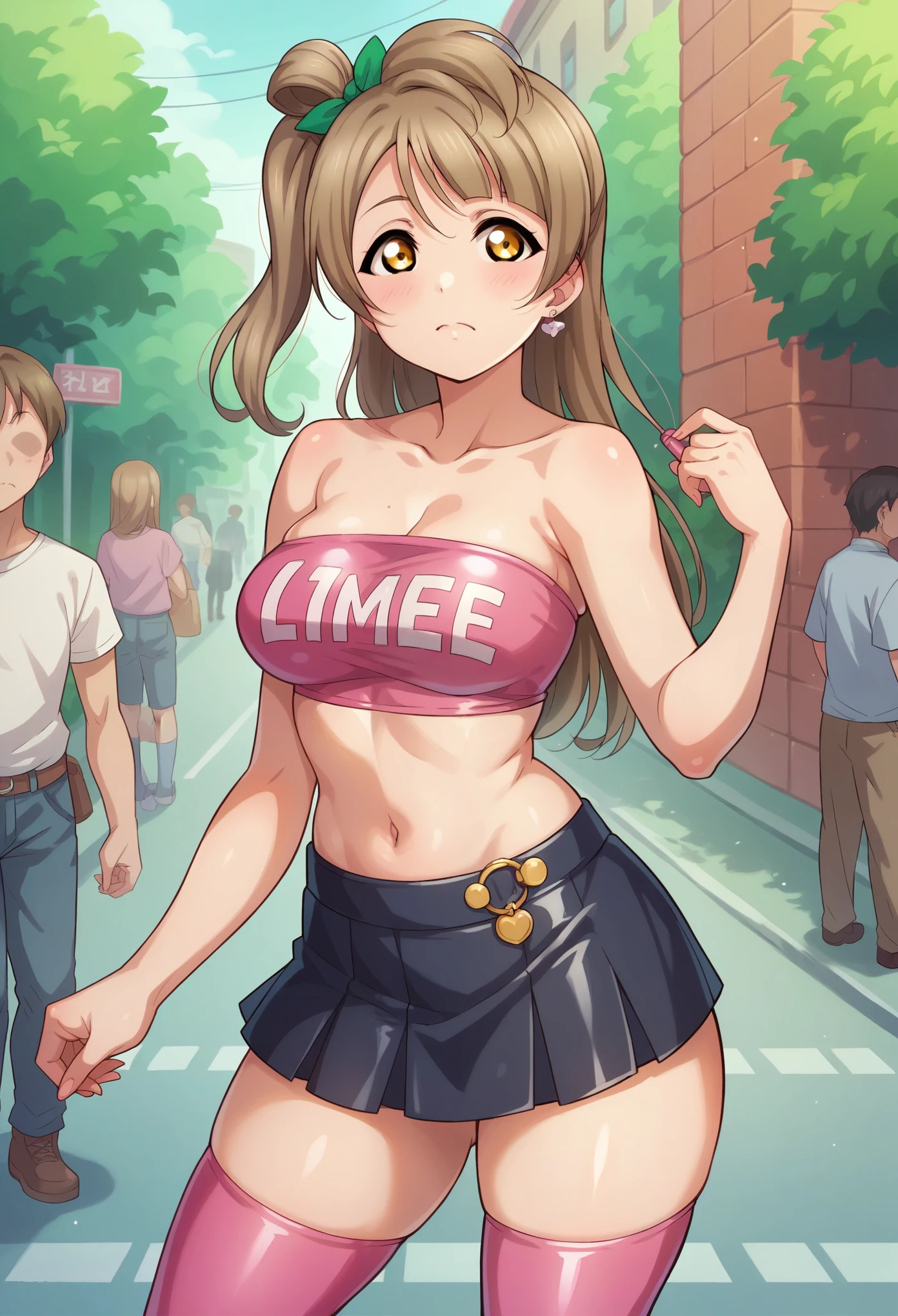 cowboy shot, minami kotori love live, (latex mini-skirt), tube top, closed mouth, (curvy body), in street,solo focus , anime style ,pink thighhighs , clothes writing,edgy