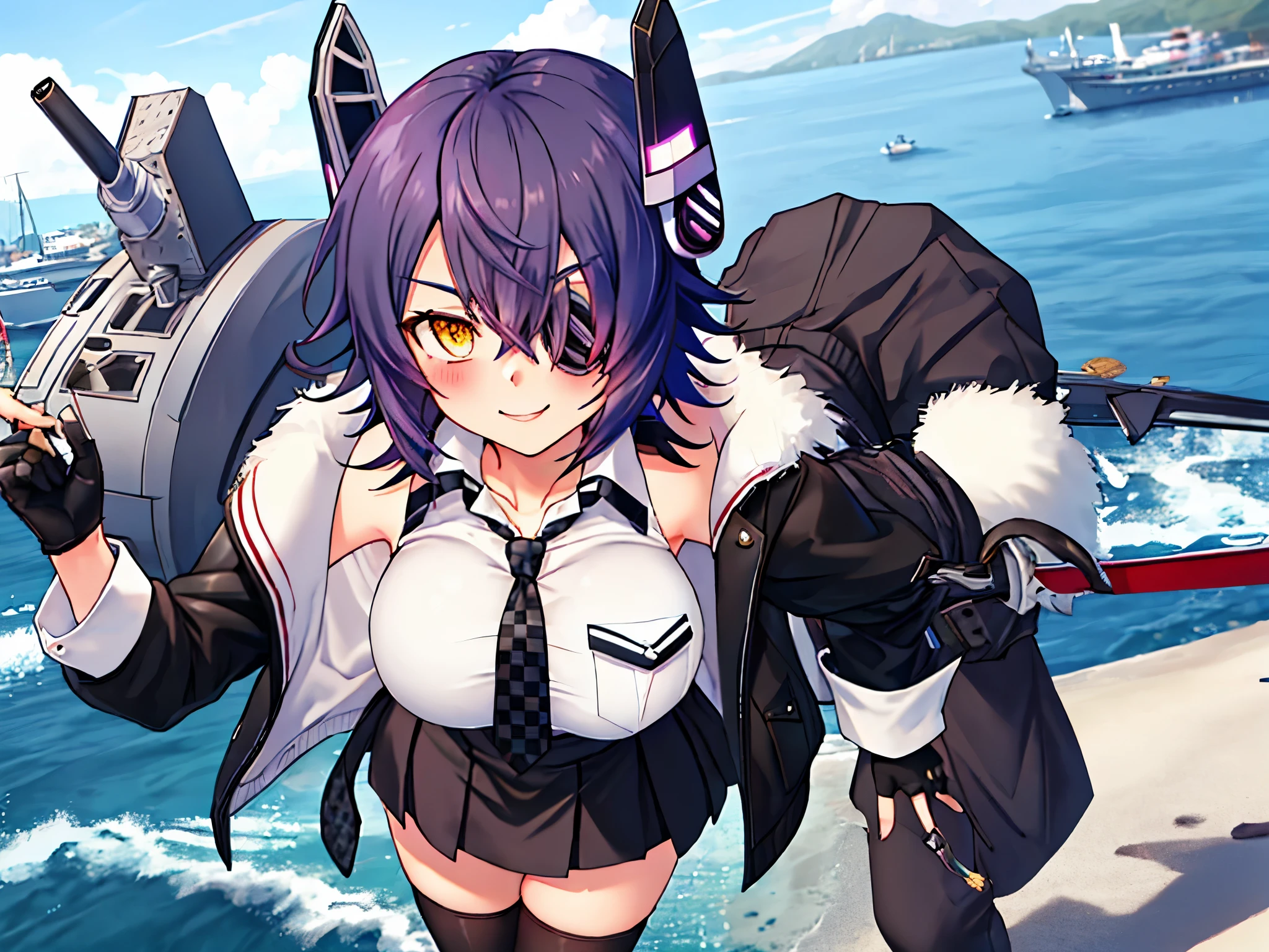 best quality, masterpiece, solo, {tenryuu_kantaicollection:1.15}, teen_girl, eyepatch, short_hair, purple_hair, yellow_eyes, headgear, breasts, necktie, large_breasts, smile, 1girl, blush, checkered_necktie, hair_over_one_eye, shirt, collared_shirt, white_shirt, jacket, sleeveless, brown_eyes, fur-trimmed_jacket, fur_trim, collarbone, looking_at_viewer, pocket, breast_pocket, ,, messy_hair, black_gloves, gloves, partially_fingerless_gloves,harbor_road_landscape_background,outdoor,short_skirt,thigh-highs,boots,sunlight,from_below,nihil,
