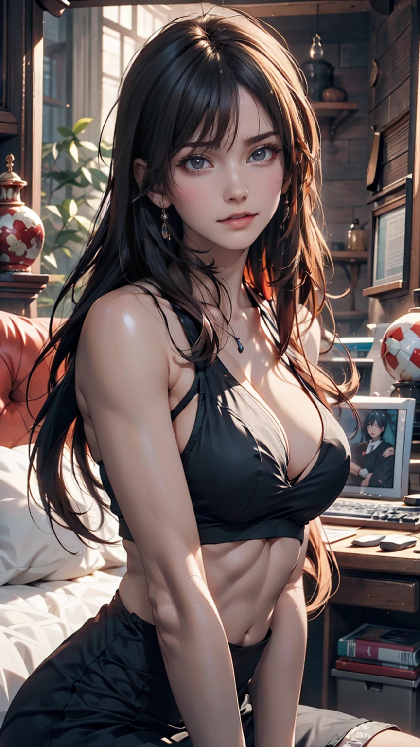 Arabic style image of a woman with long hair and a black top, 3 d anime Realistic, photoRealistic anime girl render, 8K Portrait Rendering, Realistic anime 3 d style, Smooth anime CG art, Realistic young anime girl, Realistic. Chen Yi, photoRealistic anime, beautiful Realistic face, hyper Realistic anime, Stunning Anime Face Portraits, Realistic beautiful face