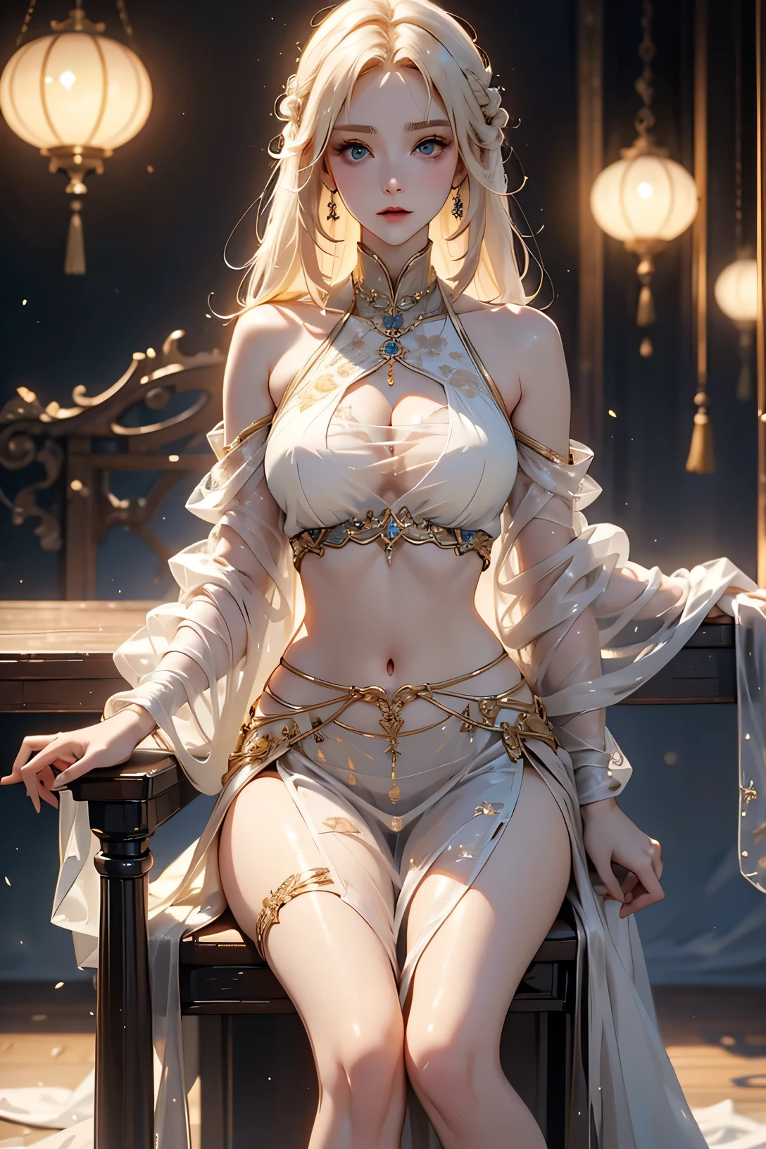 Masterpiece, Best Quality, Cinematic Photos, Digital Artwork Illustrations, Beautiful 22 Year Old Woman, Pale Skin, German, Dark Ginger Hair, medium Breasts, Bright Eyes, (((( ultra-thin see-through fabric)))), crop top, a close up of a woman with white hair and a white mask, beautiful character painting, guweiz, artwork in the style of guweiz, yellow haired deity, by Yang J, epic exquisite character art, stunning character art, by Fan Qi, by Wuzhun Shifan, guweiz on pixiv artstation，sitting on the chair
