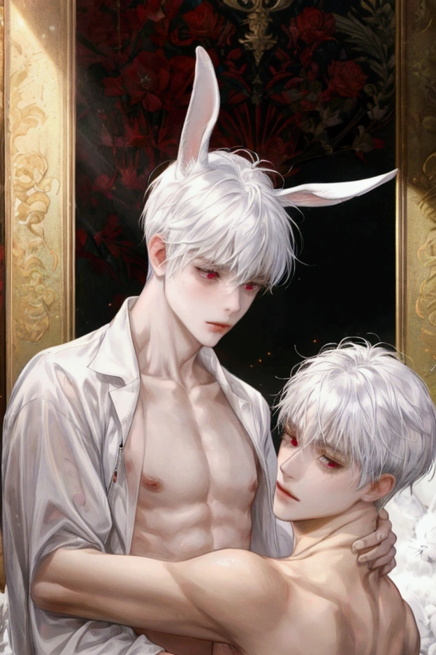 two young naked boys, both have fair skin, thin body, red eyes, white hair and rabbit ears and rabbit tail, both are together naked hugging each other 