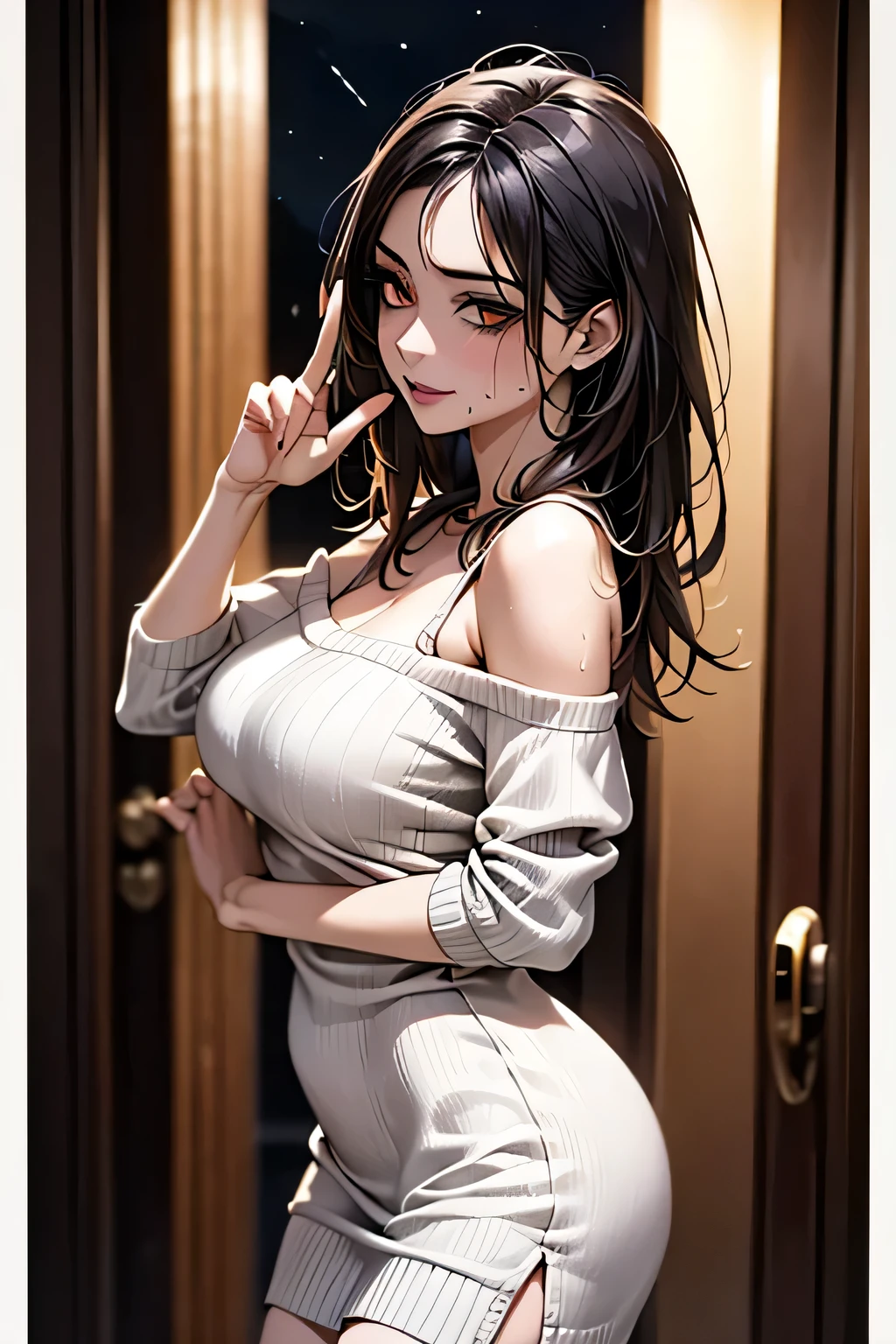 (Get used to it, masterpiece, Highest quality, Complex),
Cinema Lighting、(Key Light:Front 45 degree angle, Subsidy Light、Backlight、Shadow、Blue and orange color palette), Accurate human body、Knowledgeable person、Correct five-finger、Cowboy Shot,(night、Dark Room:1.8),
1 female、(Gloss Lip、Gloss Eye、eyeliner、Long eyelashes、Oily skin:1.3, Beautiful white, Glowing Skin、Beautiful skin in every detail:1.2, Compensate:1.2), Mature Woman, Large Breasts、Off-the-shoulder tight sweater knit dress、Detailed Background、Knowledgeable person、Women in estrus、Invite men、Dark and cold lighting、Entrance to the apartment、Temporarily stop,Sweat,vapor, doorway, thin and long beautiful legs, Front view、