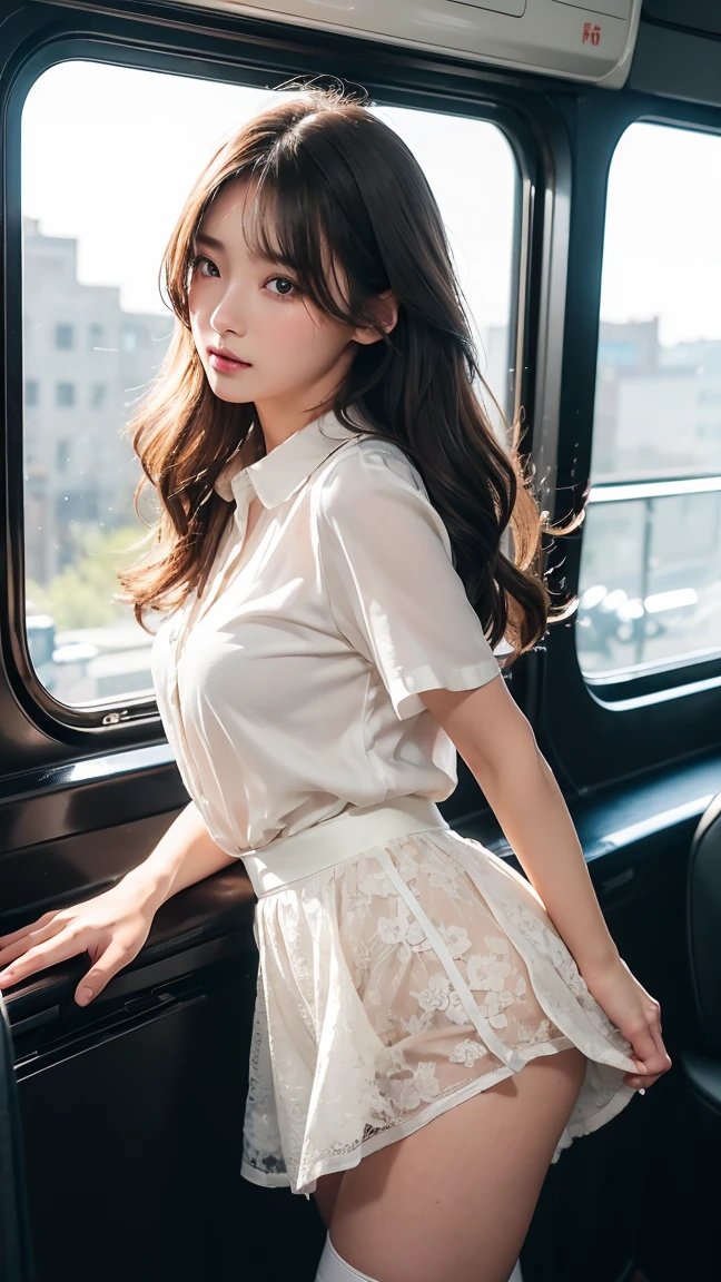 Molester、Voyeur、8k、Photo image masterpiece、Highest quality、Super Resolution、Large file size、Very detailed、High resolution、Highest quality、masterpiece、Very detailed、CG、Unified、8k wallpaper、wonderful、A masterpiece with attention to detail、Highest quality、High resolution、masterpiece、outstanding features 、8K quality、(Tabletop:1.25)、 (Highest quality:1.6)、(超High resolution:1.5)、(Genuine:1.75)、8k resolution、 (RAW Photos:1.2)、(Genuineistic:1.4)、Pale light and shadow、Dindal effect、Light on the face、Cinema Lighting、In a crowded train、A strong wind blows through the car window、Windblown Hair、((delicate feet photos))、Low angle view from the feet、1 23-year-old female、Beautiful detailed woman、Beautiful woman with light brown hair, delicate light brown hair、disheveled curly hair、((Light brown beauty))、(hair over one eye:1.3),、Incredibly cute face、Delicate eyes、And slim、Very small waist、Very detailed eyes and face、Beautiful details、Ridiculous、((short sleeve, extremely thin shirt, collared shirt, white skirt, black lace thong, shiny silk thigh-highs, ))、Wearing high heels、 (She is looking at the window、Anxious expression、I can't hide my bewilderment、No one will help you、Filled with sadness、blush, open mouth, shy, embarrassed, cute face blush embarrassed),Illumination from below、The inside of the skirt is clearly visible..、Favorite Images、Black lace thong peeking out from under the skirt Voyeur、camel toe,