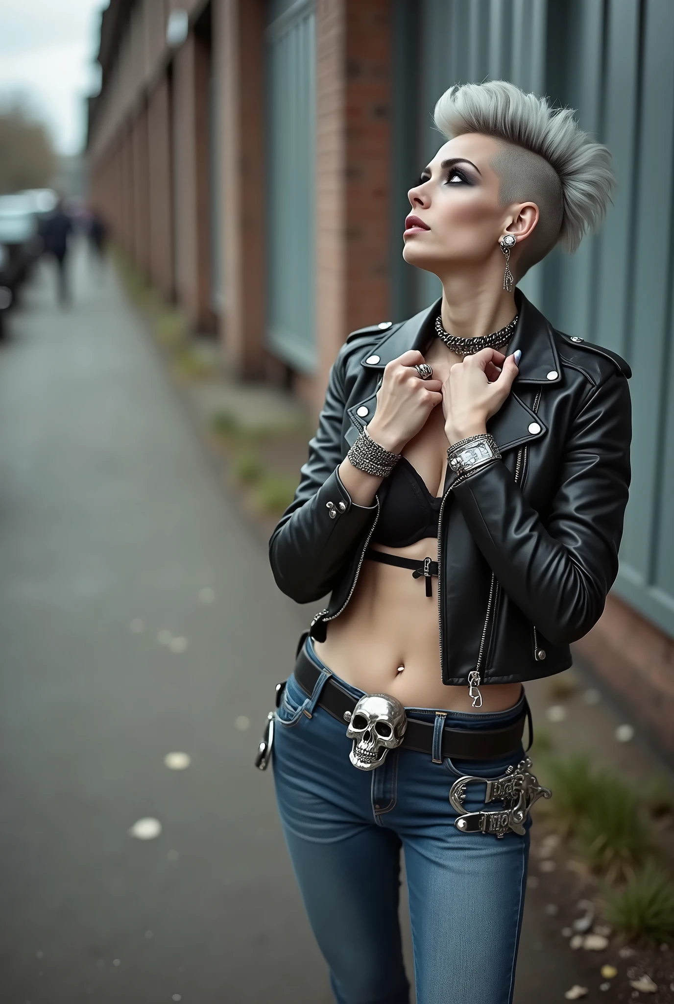 
russian old milf woman, biker gang member, grey hair ( puffy pompadour with shaved, with very light blue eyes, extremely pale, heavy eye shadows.. without bandana. Thin. Sad, humbled face, smeared excessive make up and smeared excessive dark red lipstick, Wearing black moto jacket, black push up bra, skinny black  jeans and white tennis sneakers. Lots of metallic bracelets. Tacky wide belt with massive skull and bones buckle . Both hands caress her neck. Lots of rings. Wide loop earrings. Looks up with amazement because she thinks God is talking to her, mouth and eyes open.