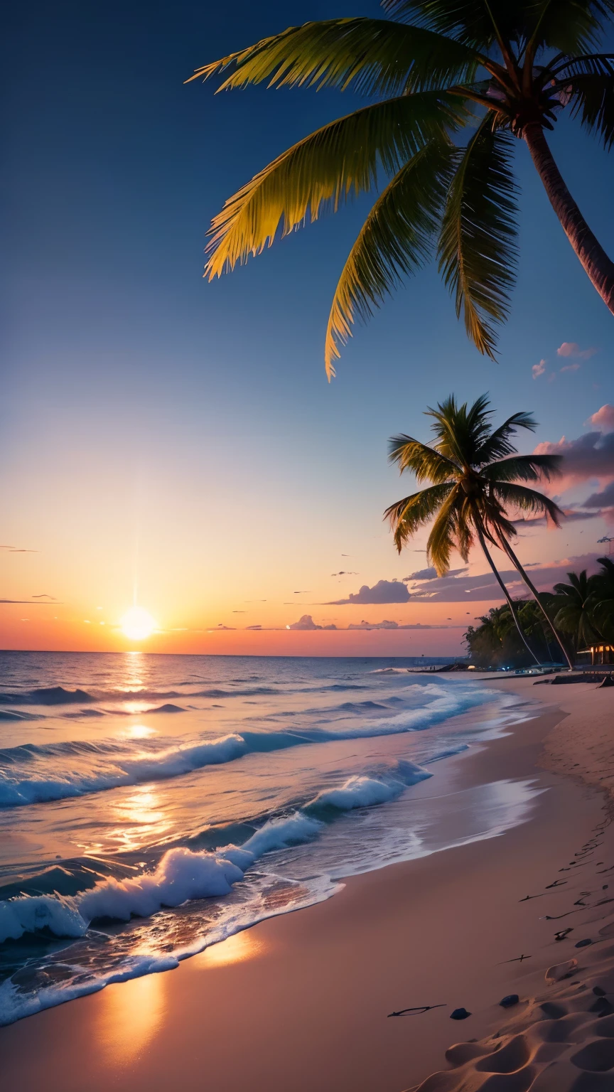 (Realistic,photoRealistic:1.37),Peaceful beach,Calm sea,Calm waves,Sandy Beach,Soft white sand,Crystal clear water,Peaceful atmosphere,Sunset sky,Coconut Tree,quiet horizon,Pleasant breeze,Tropical paradise