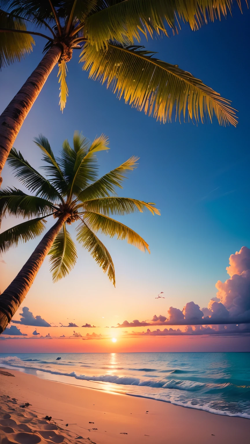 (Realistic,photoRealistic:1.37),Peaceful beach,Calm sea,Calm waves,Sandy Beach,Soft white sand,Crystal clear water,Peaceful atmosphere,Sunset sky,Coconut Tree,quiet horizon,Pleasant breeze,Tropical paradise